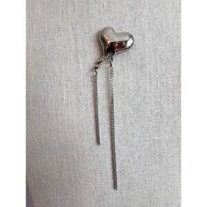 Silver Tone Heart Pin With Dangling Chain Details Tie Tack Brooch Collar Pin